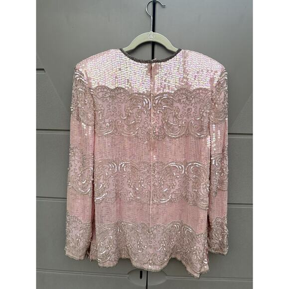 Vintage Talbots Joan Leslie Womens Pink All Over Sequin Beaded Silk Blouse Sz L - Picture 8 of 9